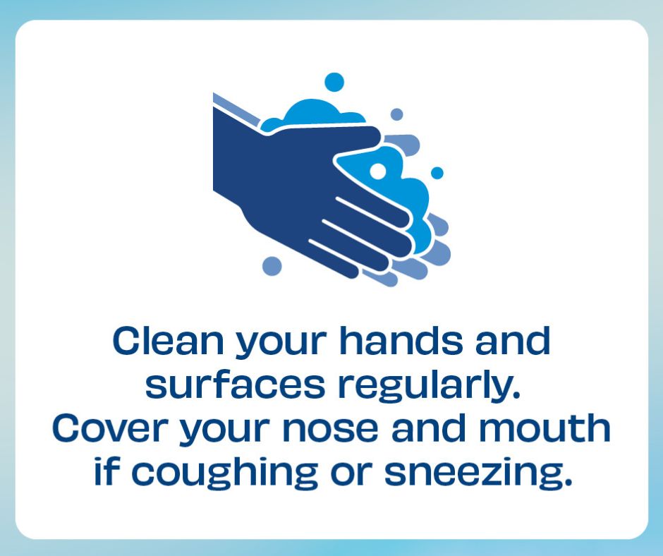 Clean hands and wash surfaces