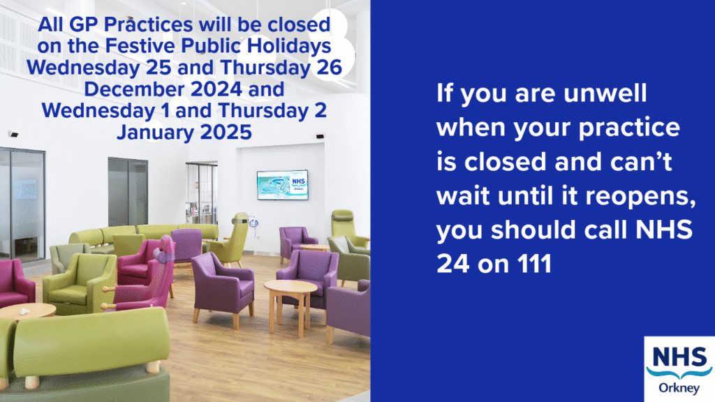 Image with NHS 111 phone details and when to call if GP practice is closed